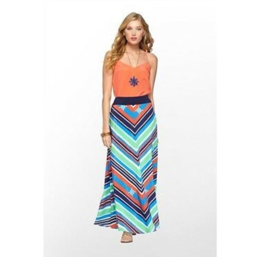 Lilly Pulitzer 100% Silk Chevron Stripe Maxi Skirt Multicolor Women’s Size 8